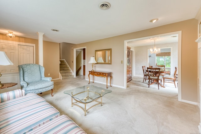 18 Black Birch Rd, Plainville, CT 06062 - living room featuring stairs, carpet, and a chandelier