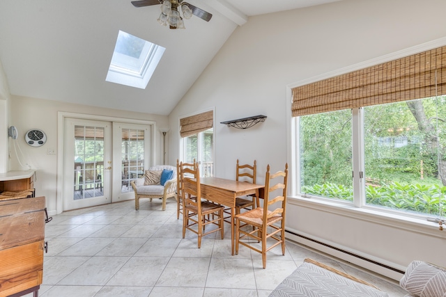 18 Black Birch Rd, Plainville, CT 06062 - dining room with baseboard heating, healthy amount of natural light, a ceiling fan, light tile patterned flooring, and beamed ceiling