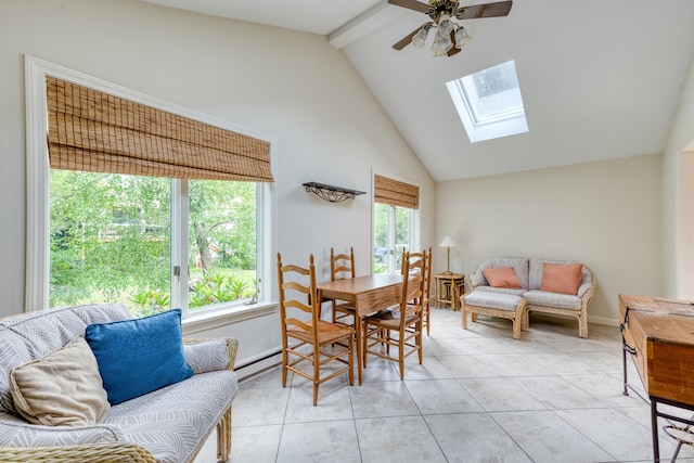 18 Black Birch Rd, Plainville, CT 06062 - dining room with a ceiling fan, a skylight, beam ceiling, a baseboard radiator, and light tile patterned floors