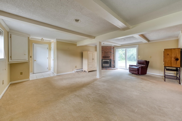 18 Black Birch Rd, Plainville, CT 06062 - unfurnished living room with light carpet, a textured ceiling, beam ceiling, a brick fireplace, and a baseboard radiator