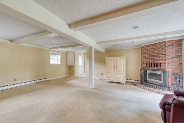 18 Black Birch Rd, Plainville, CT 06062 - unfurnished living room with a baseboard radiator, carpet floors, a brick fireplace, beam ceiling, and a textured ceiling