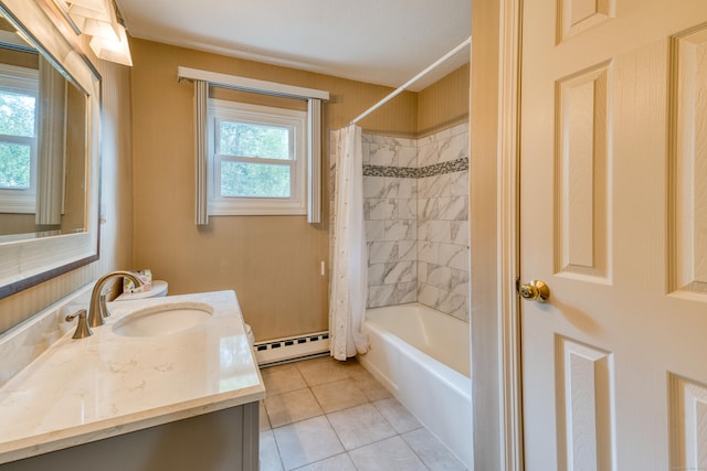 18 Black Birch Rd, Plainville, CT 06062 - bathroom with baseboard heating, vanity, tile patterned flooring, and shower / bath combo with shower curtain