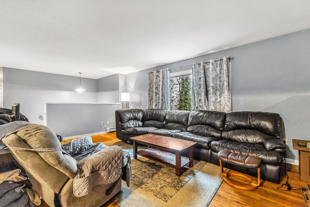 living area featuring baseboards, wood finished floors, and baseboard heating