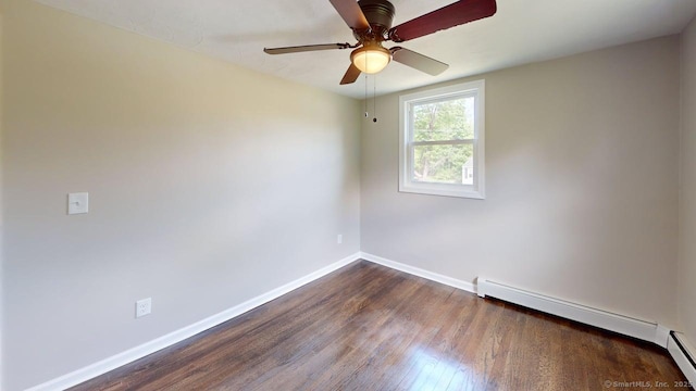 3 Richard Ln, Prospect, CT 06712 - empty room with dark wood-type flooring, baseboards, a ceiling fan, and a baseboard radiator