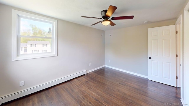 3 Richard Ln, Prospect, CT 06712 - spare room with a baseboard radiator, ceiling fan, dark wood-style floors, baseboards, and a smoke detector