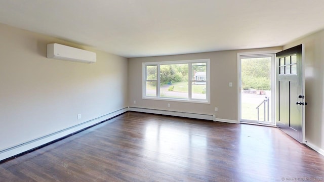 3 Richard Ln, Prospect, CT 06712 - empty room featuring an AC wall unit, baseboard heating, dark wood finished floors, a baseboard heating unit, and baseboards