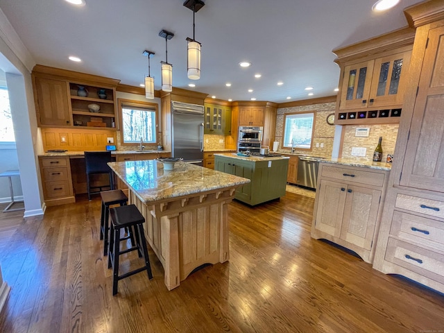 kitchen featuring recessed lighting, open shelves, a kitchen island, decorative backsplash, and stainless steel appliances