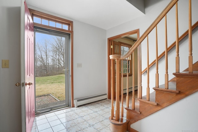 1069 Black Rock Tpke, Easton, CT 06612 - doorway to outside featuring baseboard heating, tile patterned floors, and stairway