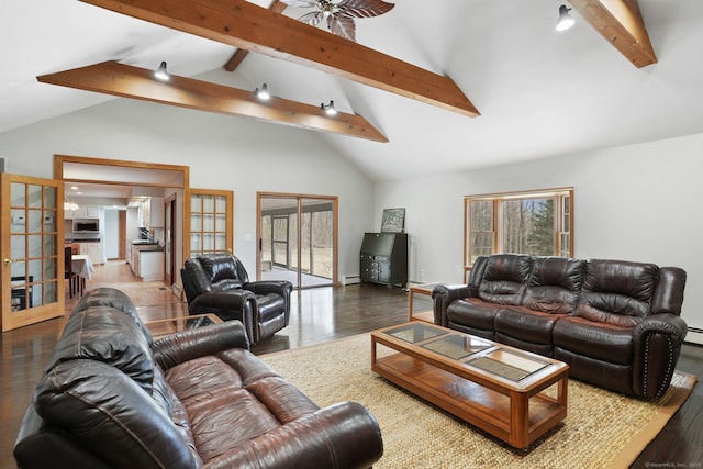 1069 Black Rock Tpke, Easton, CT 06612 - living area with french doors, ceiling fan, beam ceiling, and wood finished floors
