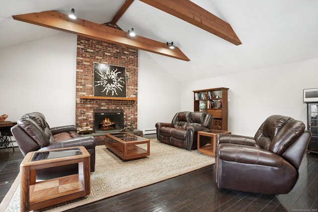 1069 Black Rock Tpke, Easton, CT 06612 - living room with dark wood finished floors, a brick fireplace, a baseboard heating unit, and lofted ceiling with beams
