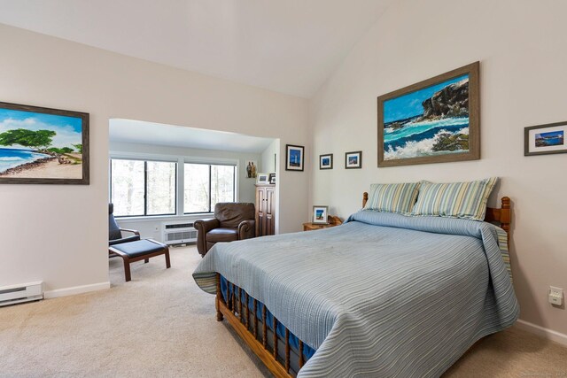 bedroom with a baseboard radiator, baseboards, lofted ceiling, and carpet