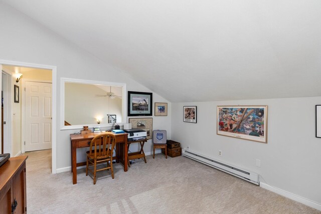 carpeted office featuring baseboard heating, baseboards, and vaulted ceiling