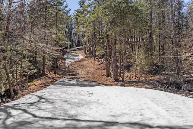 exterior space featuring a view of trees