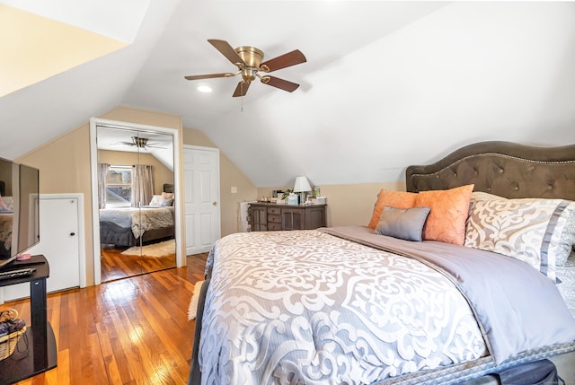 161 Boswell St, Stratford, CT 06615 - bedroom with wood-type flooring, a closet, vaulted ceiling, and a ceiling fan