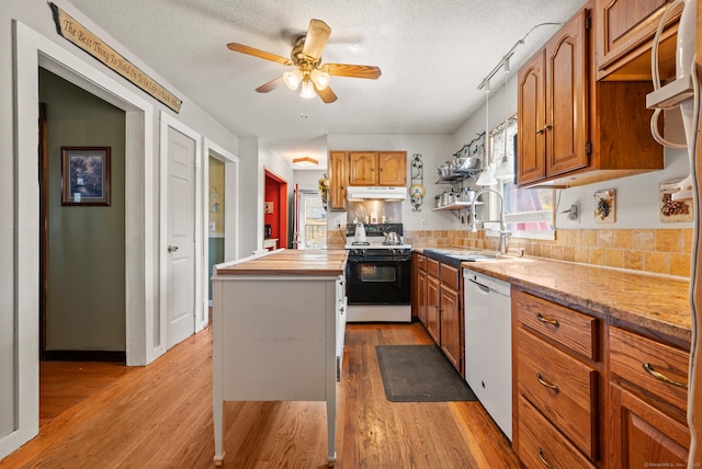 61 Harrington St, Meriden, CT 06451 - kitchen featuring light wood-type flooring, range, a ceiling fan, under cabinet range hood, and dishwasher