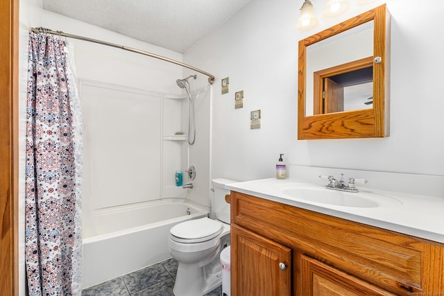 bathroom featuring a textured ceiling, shower / bathtub combination with curtain, vanity, tile patterned flooring, and toilet