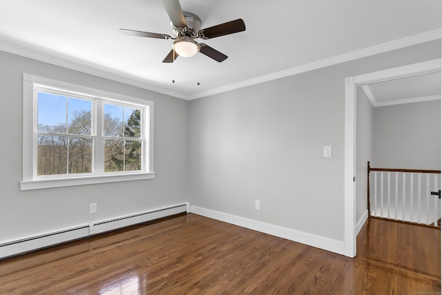 unfurnished room featuring crown molding, dark wood-style flooring, baseboard heating, a ceiling fan, and baseboards