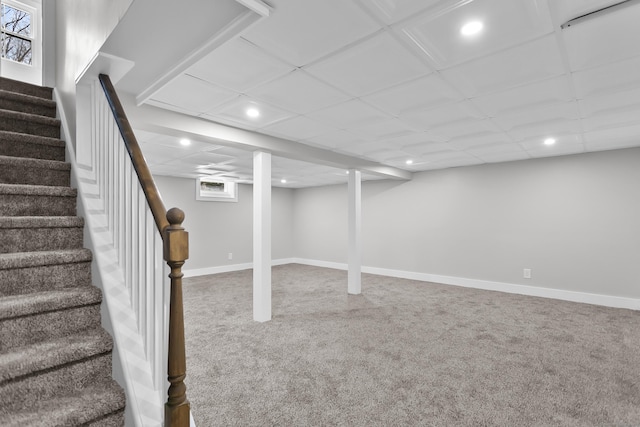 basement with stairway, baseboards, carpet, and recessed lighting