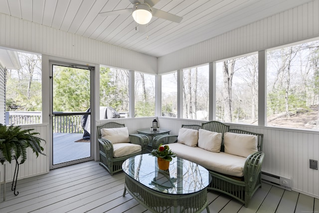 sunroom / solarium with ceiling fan and a healthy amount of sunlight