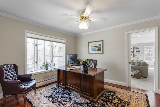 office space featuring crown molding, a ceiling fan, baseboards, wood finished floors, and a baseboard radiator
