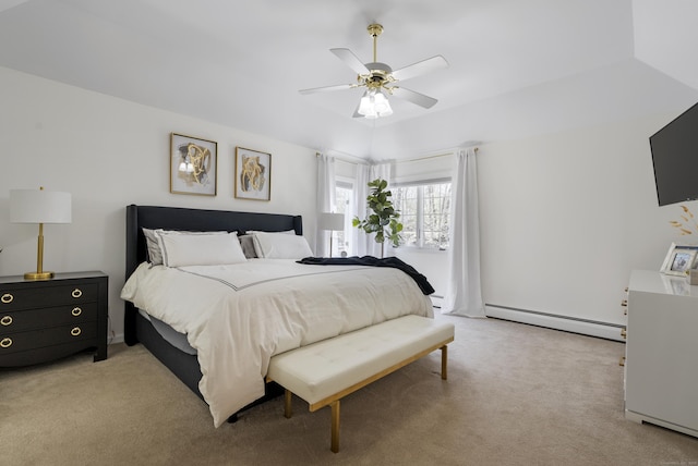 bedroom with baseboard heating, a ceiling fan, and light colored carpet