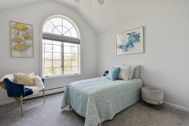 carpeted bedroom with a ceiling fan, baseboards, multiple windows, and lofted ceiling