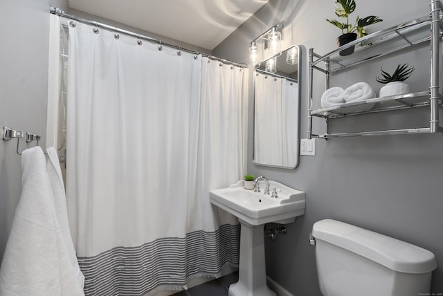 bathroom with toilet and a shower with curtain