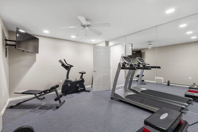 workout room featuring recessed lighting, baseboards, and ceiling fan