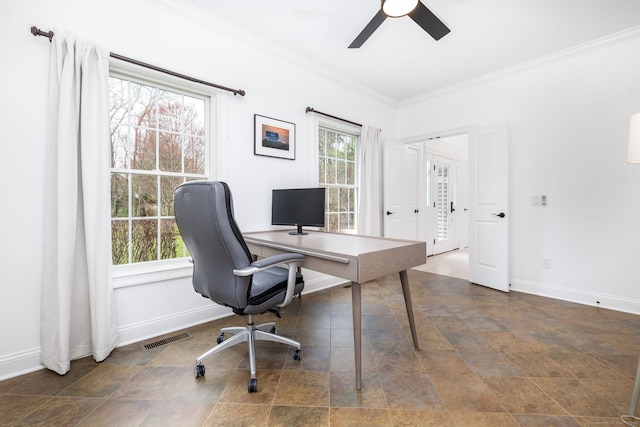 office with ceiling fan, baseboards, ornamental molding, and visible vents