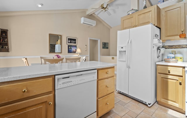 33 Cottage Ln, East Lyme, CT 06357 - kitchen featuring ceiling fan, a wall mounted air conditioner, light countertops, lofted ceiling with beams, and white appliances