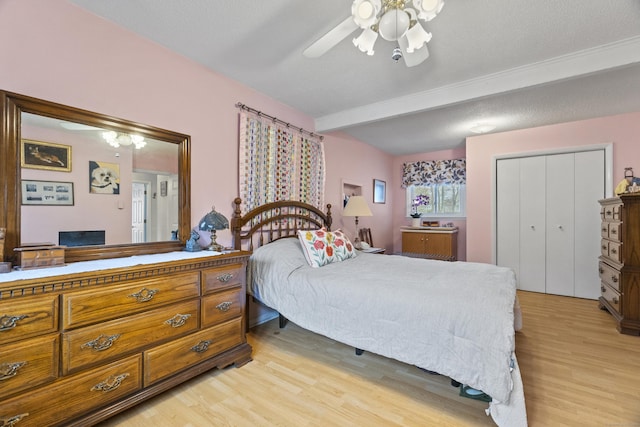 33 Cottage Ln, East Lyme, CT 06357 - bedroom featuring a closet, a ceiling fan, beam ceiling, and light wood-type flooring