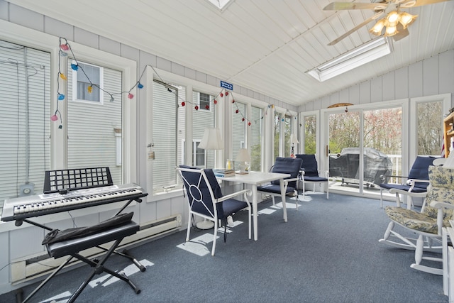 33 Cottage Ln, East Lyme, CT 06357 - sunroom featuring vaulted ceiling with skylight, ceiling fan, carpet, and outdoor dining area