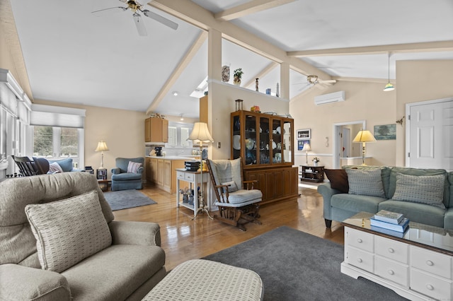 33 Cottage Ln, East Lyme, CT 06357 - living room with a ceiling fan, light wood-type flooring, beam ceiling, and an AC wall unit
