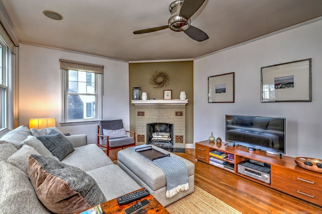 living area featuring ornamental molding, ceiling fan, wood finished floors, and a fireplace