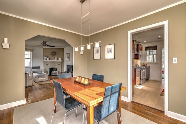 dining space featuring ceiling fan, a fireplace, wood finished floors, ornamental molding, and baseboards