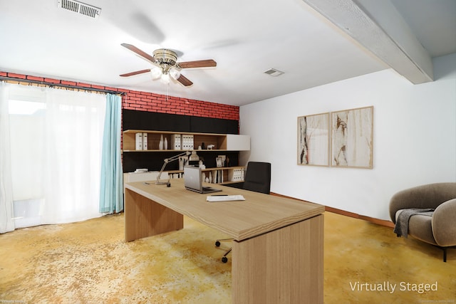 office with baseboards, a ceiling fan, concrete floors, and visible vents