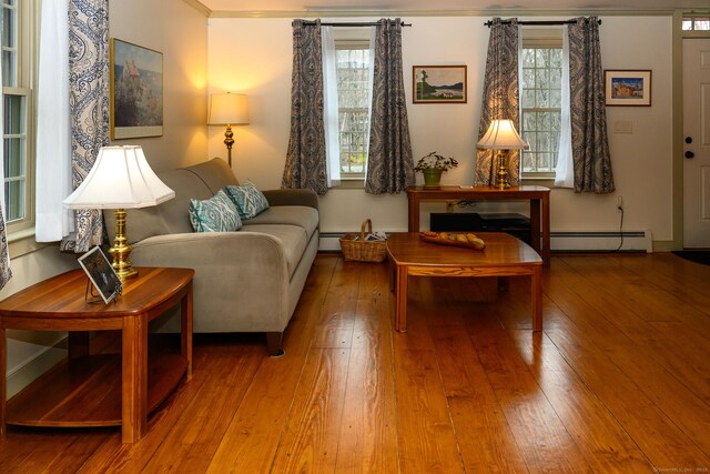 living room with a baseboard radiator, hardwood / wood-style floors, and crown molding