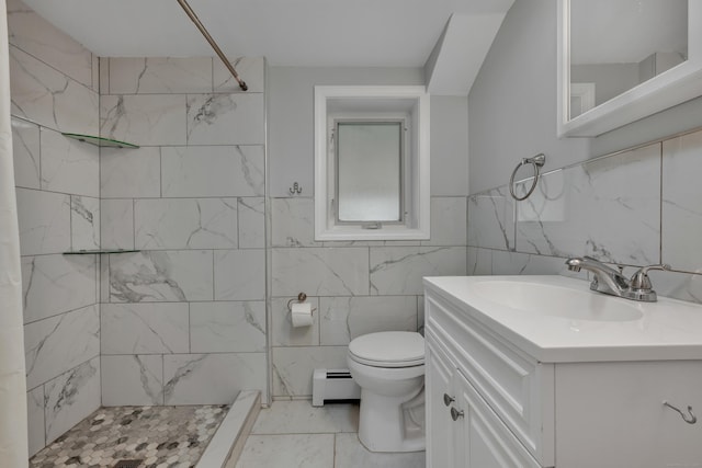 120 Newton St, Berlin, CT 06037 - full bath with baseboard heating, a tile shower, vanity, and tile walls