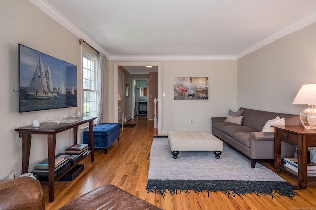 living area featuring crown molding, baseboards, and wood finished floors