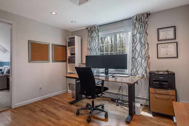 home office with visible vents, recessed lighting, baseboards, and wood finished floors