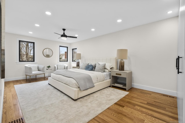 35 Bayberry Ln, Guilford, CT 06437 - bedroom with light wood-type flooring, baseboards, visible vents, recessed lighting, and a ceiling fan