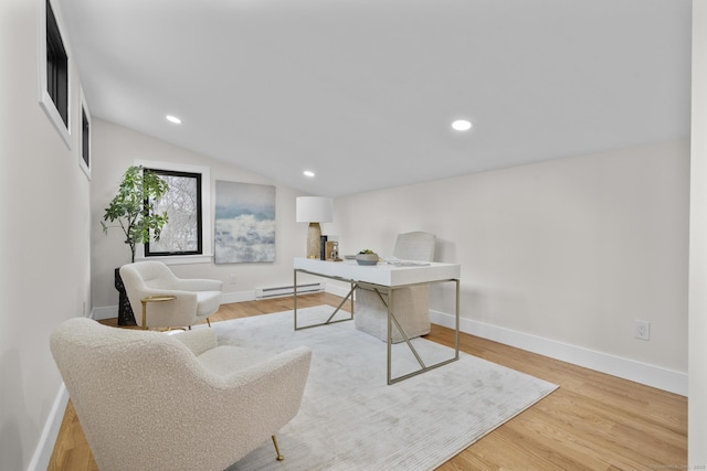35 Bayberry Ln, Guilford, CT 06437 - home office with wood finished floors, baseboards, vaulted ceiling, and a baseboard radiator