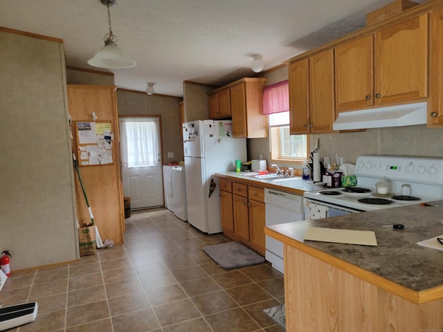 15 Circle Dr, Stonington, CT 06378 - kitchen with under cabinet range hood, white appliances, plenty of natural light, and a sink