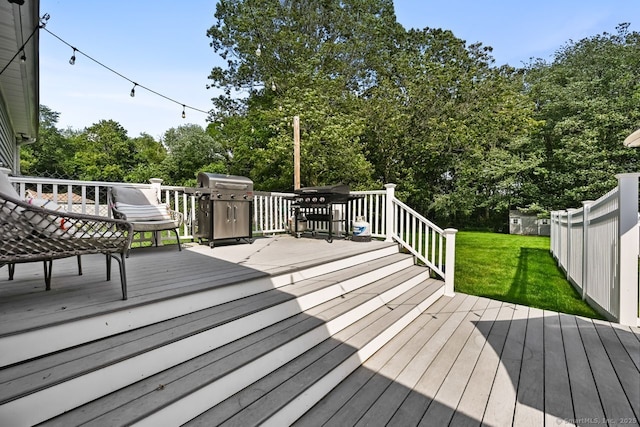 447 Howellton Rd, Orange, CT 06477 - wooden terrace featuring a lawn, grilling area, and view of wooded area