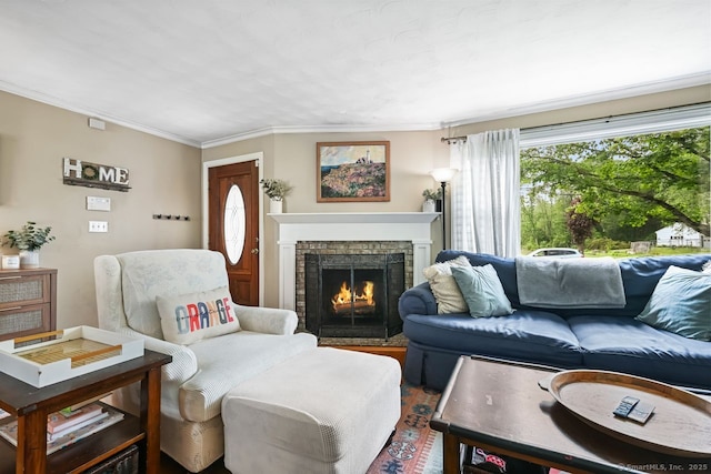 447 Howellton Rd, Orange, CT 06477 - living area featuring a fireplace with flush hearth and ornamental molding