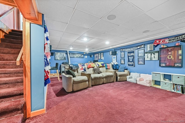 447 Howellton Rd, Orange, CT 06477 - living area with stairs, carpet floors, a paneled ceiling, and recessed lighting