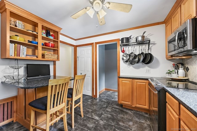 447 Howellton Rd, Orange, CT 06477 - kitchen featuring stainless steel microwave, black electric range oven, a ceiling fan, open shelves, and ornamental molding