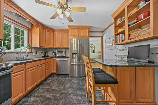 447 Howellton Rd, Orange, CT 06477 - kitchen featuring appliances with stainless steel finishes, decorative backsplash, ceiling fan, open shelves, and ornamental molding