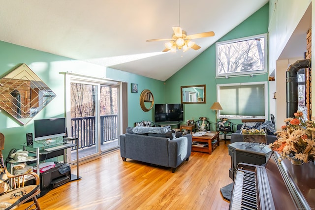 259 Weatherly Trl, Guilford, CT 06437 - living area featuring wood finished floors, high vaulted ceiling, and ceiling fan