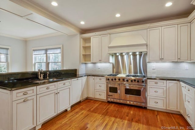 kitchen featuring open shelves, a sink, premium range hood, crown molding, and range with two ovens